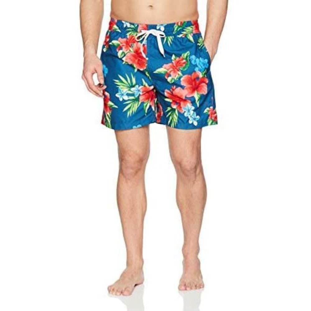 Denim Blue Tropical Floral Print Swim Trunks M - Picture 2 of 7